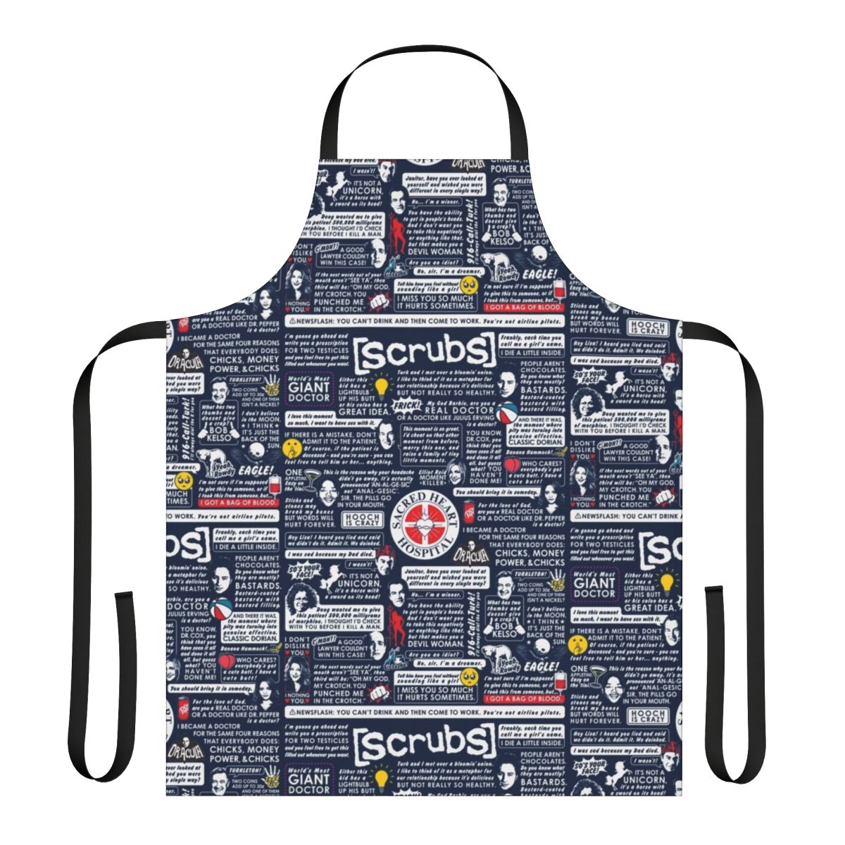 Scrubs-themed apron with quotes from the popular TV show