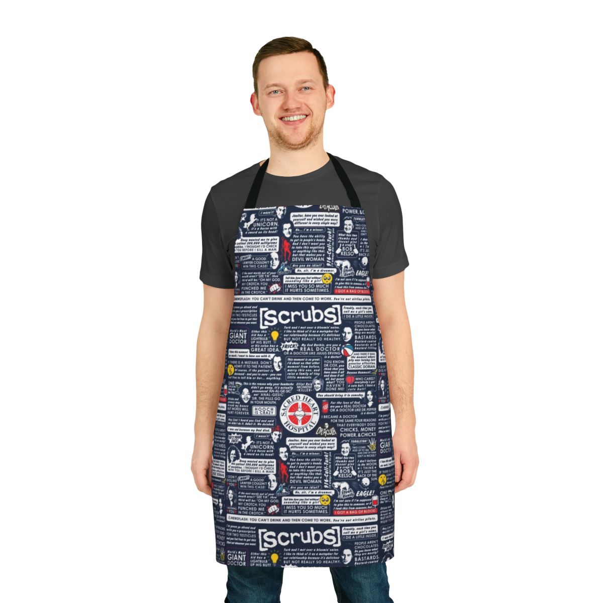 Scrubs-themed apron with quotes from the popular TV show