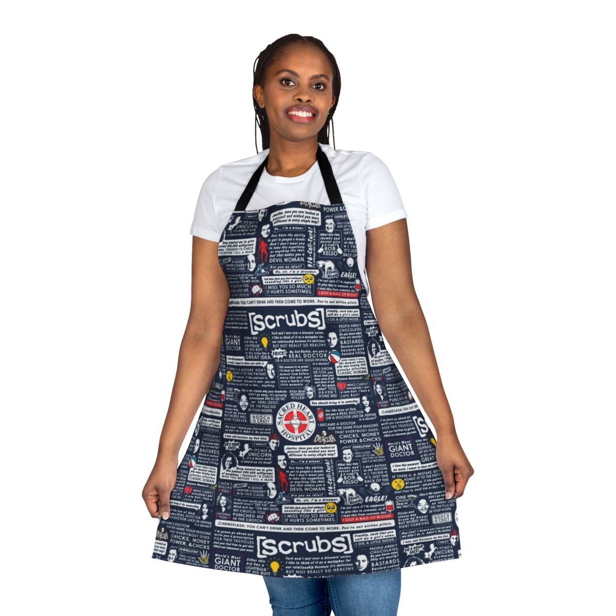 Scrubs-themed apron with quotes from the popular TV show