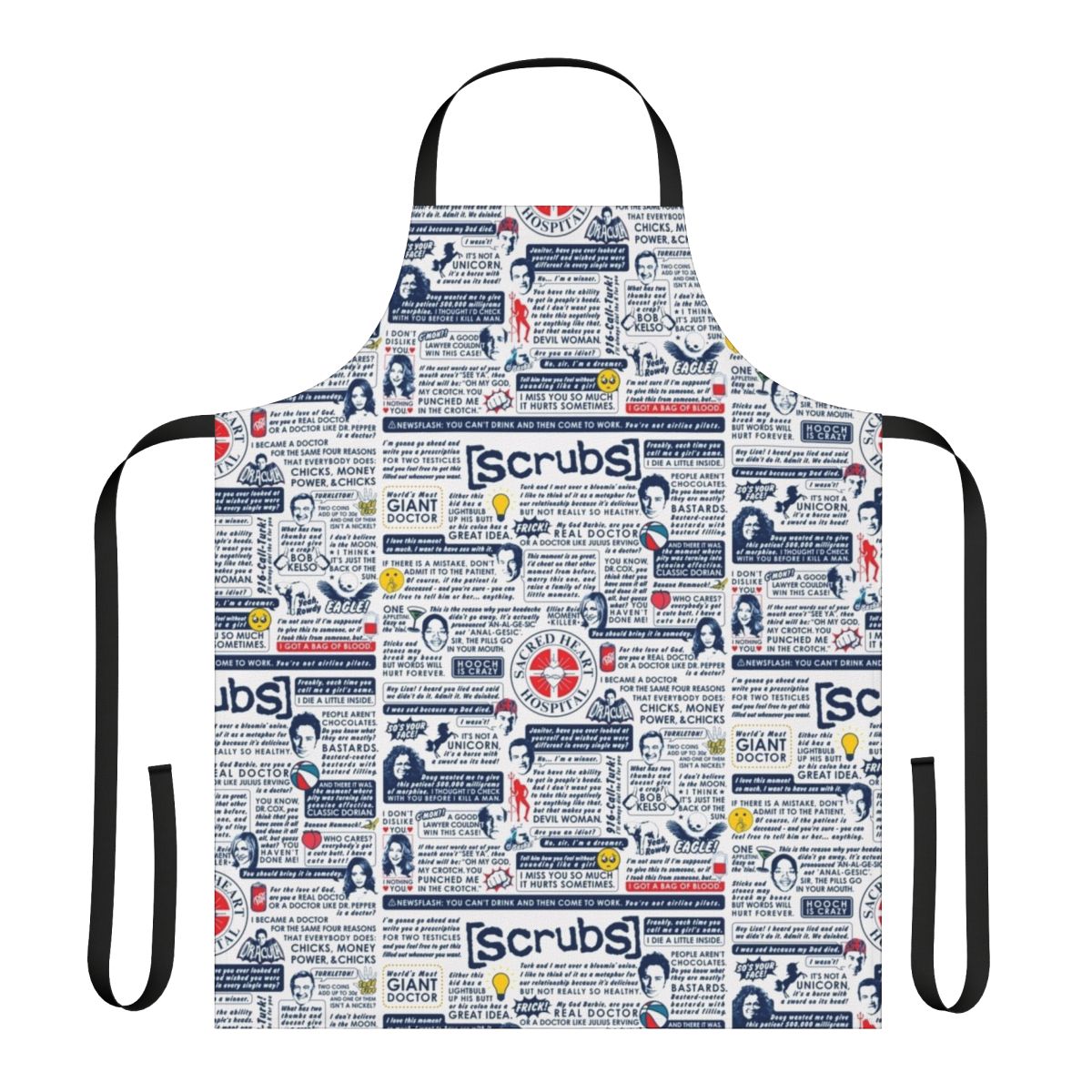 Scrubs-themed apron featuring iconic quotes and characters from the beloved TV comedy series