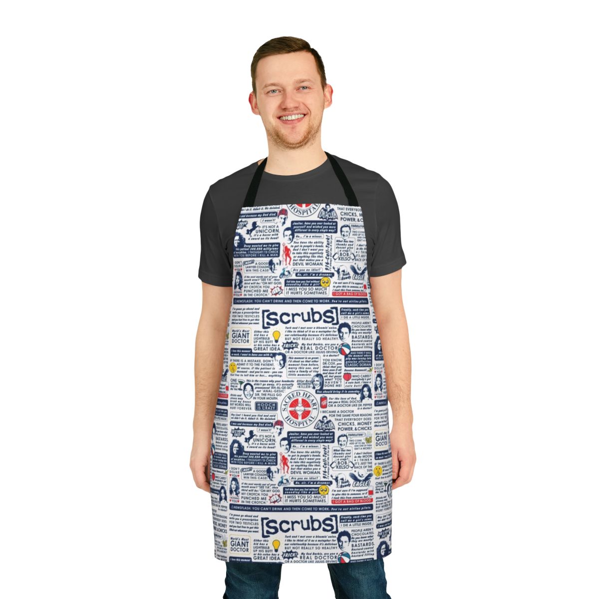 Scrubs-themed apron featuring iconic quotes and characters from the beloved TV comedy series