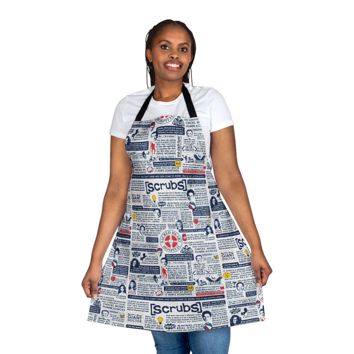 Scrubs-themed apron featuring iconic quotes and characters from the beloved TV comedy series