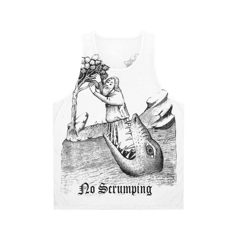 Unisex medieval-inspired tank top with a woodcut-style monster lurking in an apple orchard