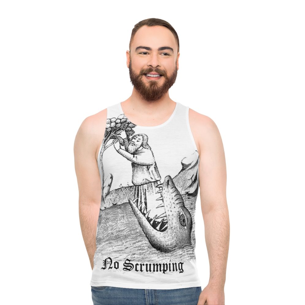 Unisex medieval-inspired tank top with a woodcut-style monster lurking in an apple orchard