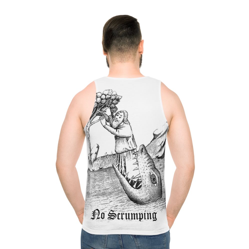 Unisex medieval-inspired tank top with a woodcut-style monster lurking in an apple orchard