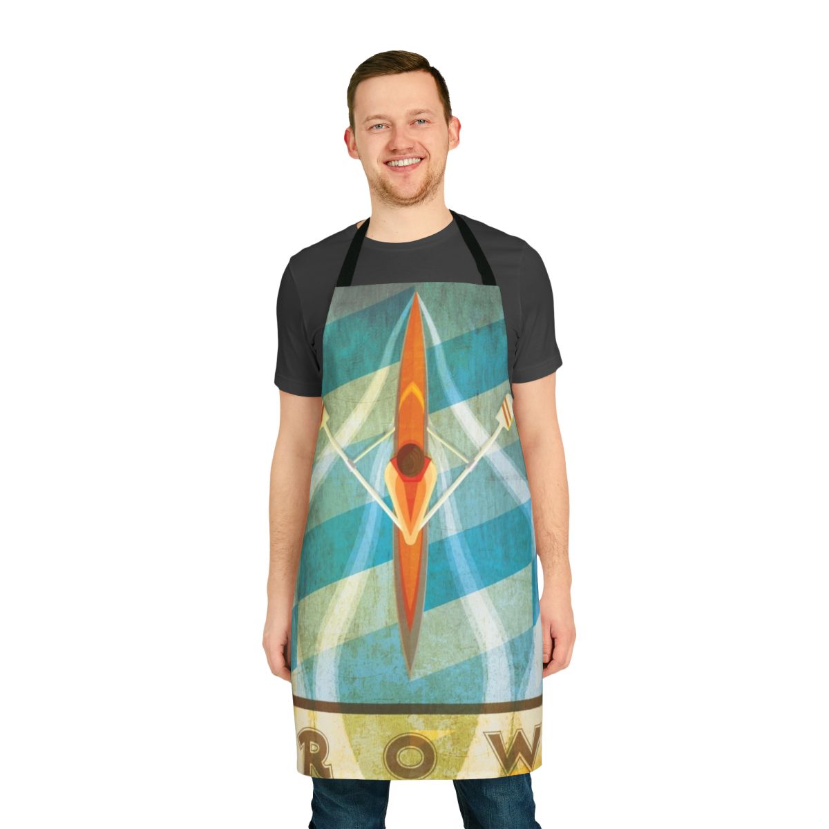 Person wearing a sculling apron with oars in the background