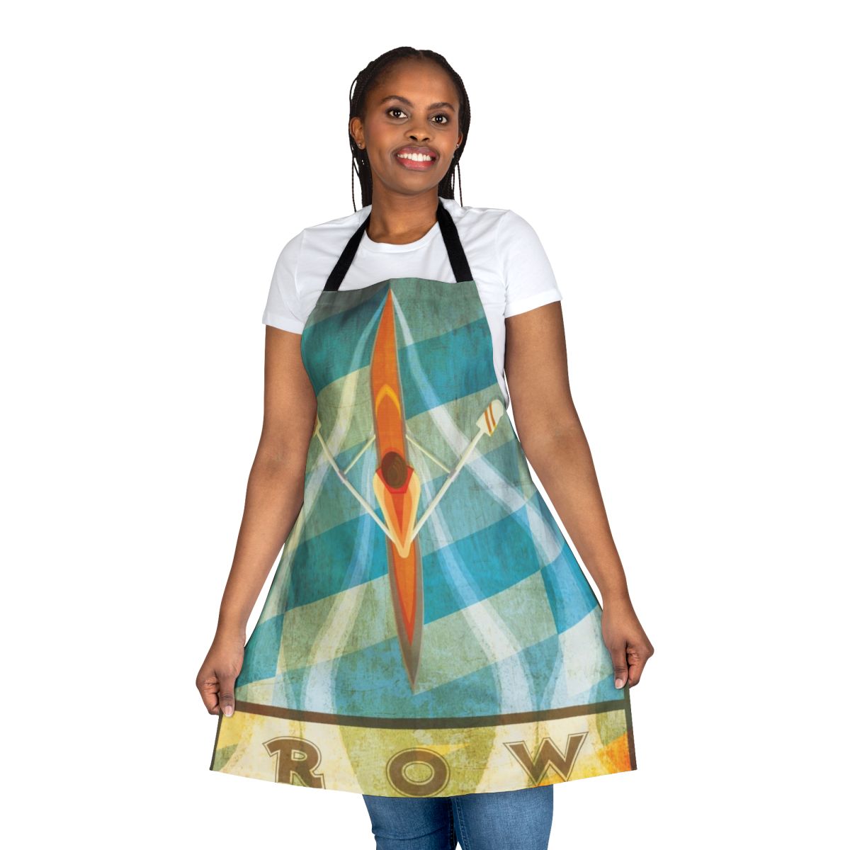 Person wearing a sculling apron with oars in the background