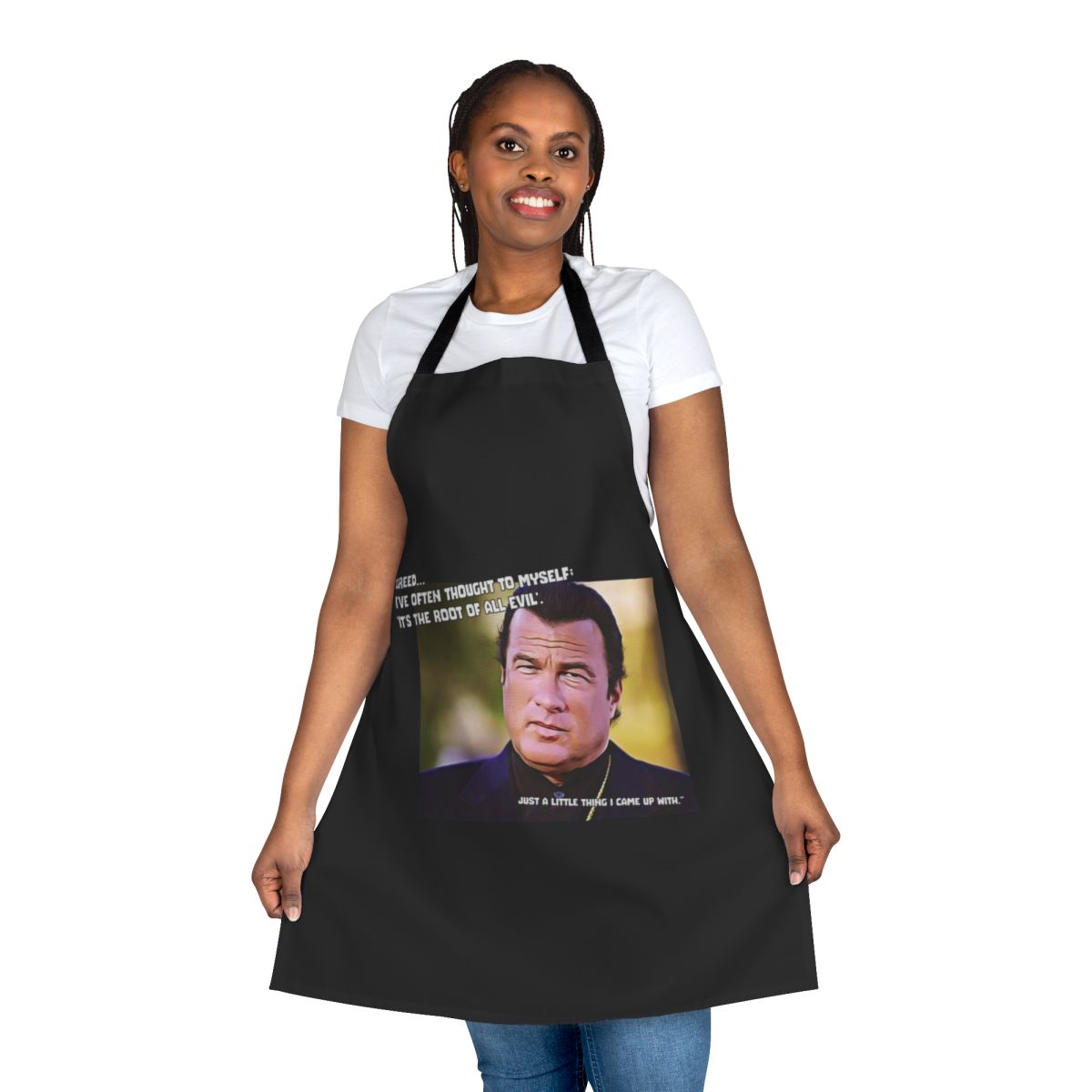 Steven Seagal-inspired apron with a humorous, cult classic design