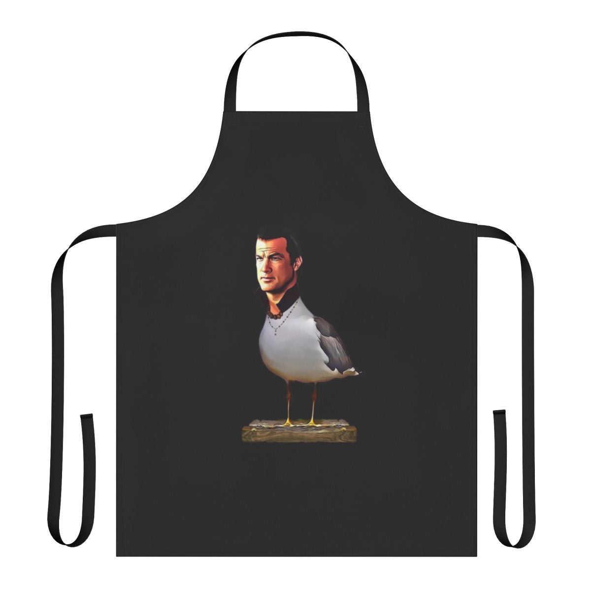 A white apron with a seagull print design