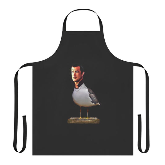 A white apron with a seagull print design