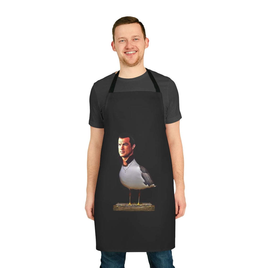 A white apron with a seagull print design