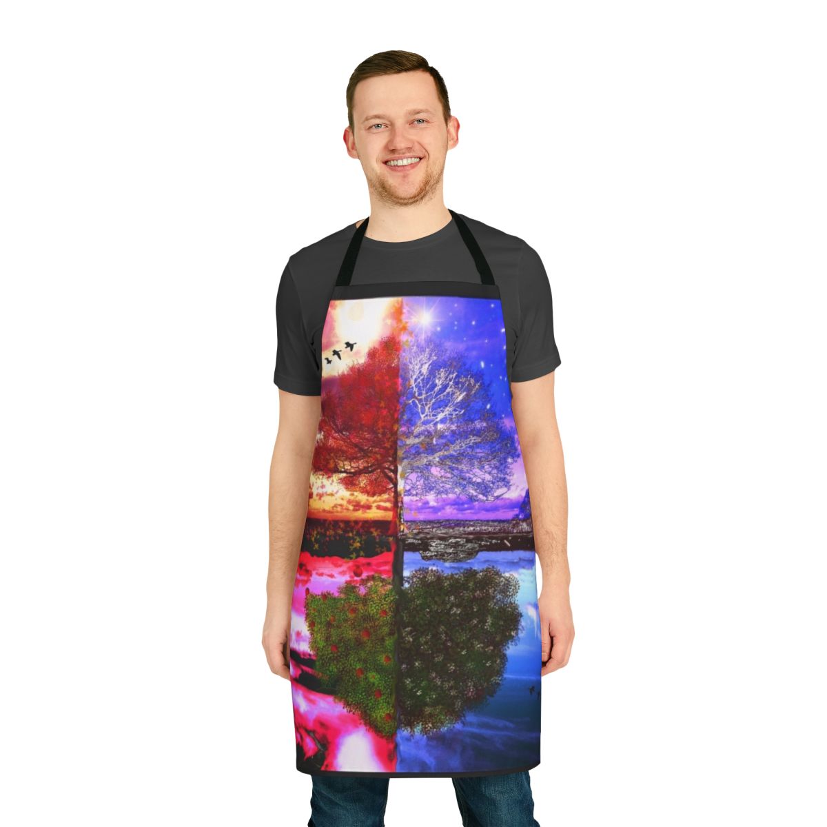 A full-length apron featuring a nature-inspired four seasons tree design.