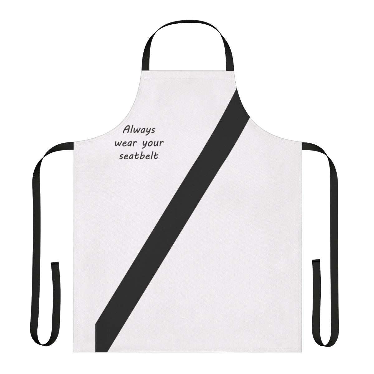 A person wearing a seatbelt-inspired apron, featuring a bold, safety-focused design.