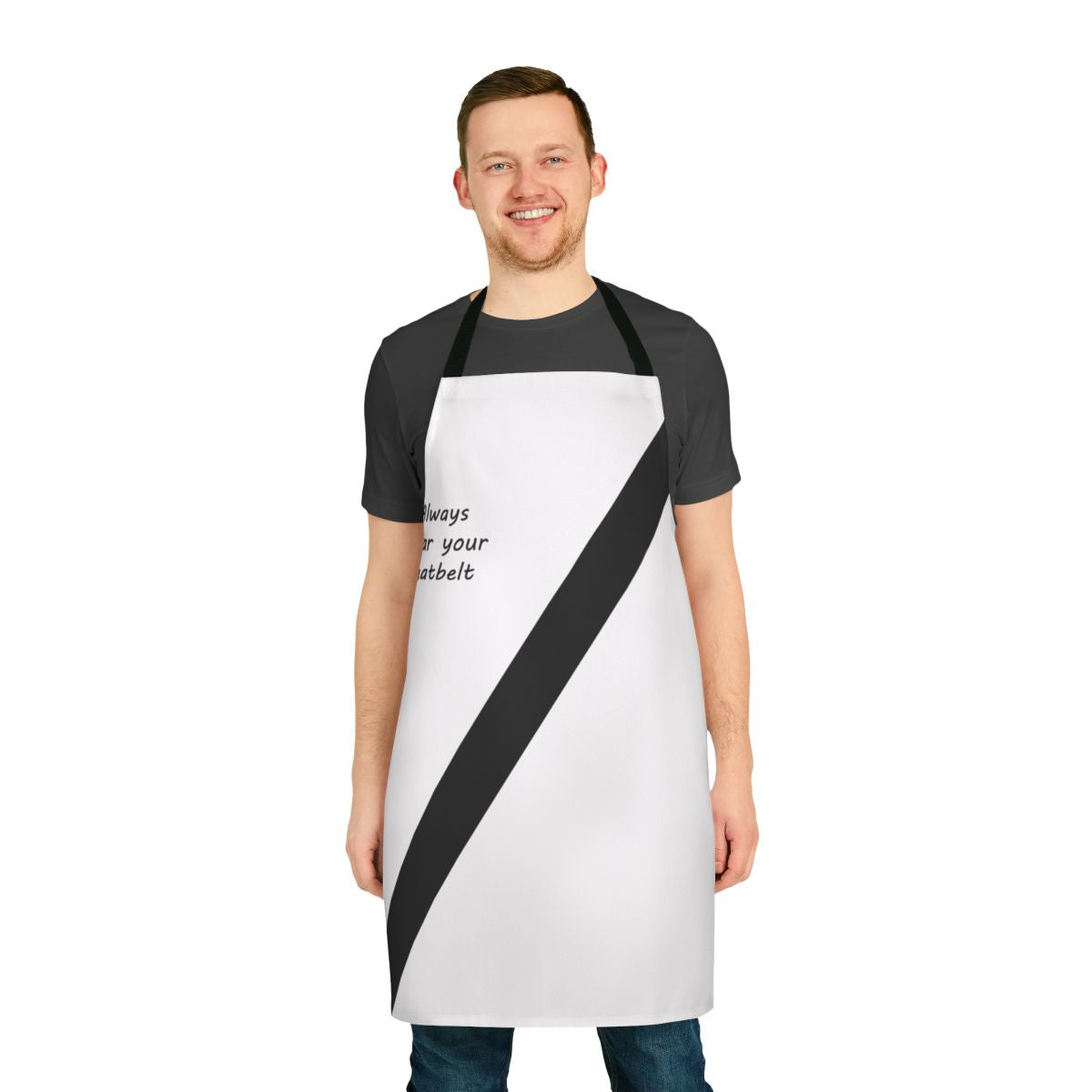 A person wearing a seatbelt-inspired apron, featuring a bold, safety-focused design.