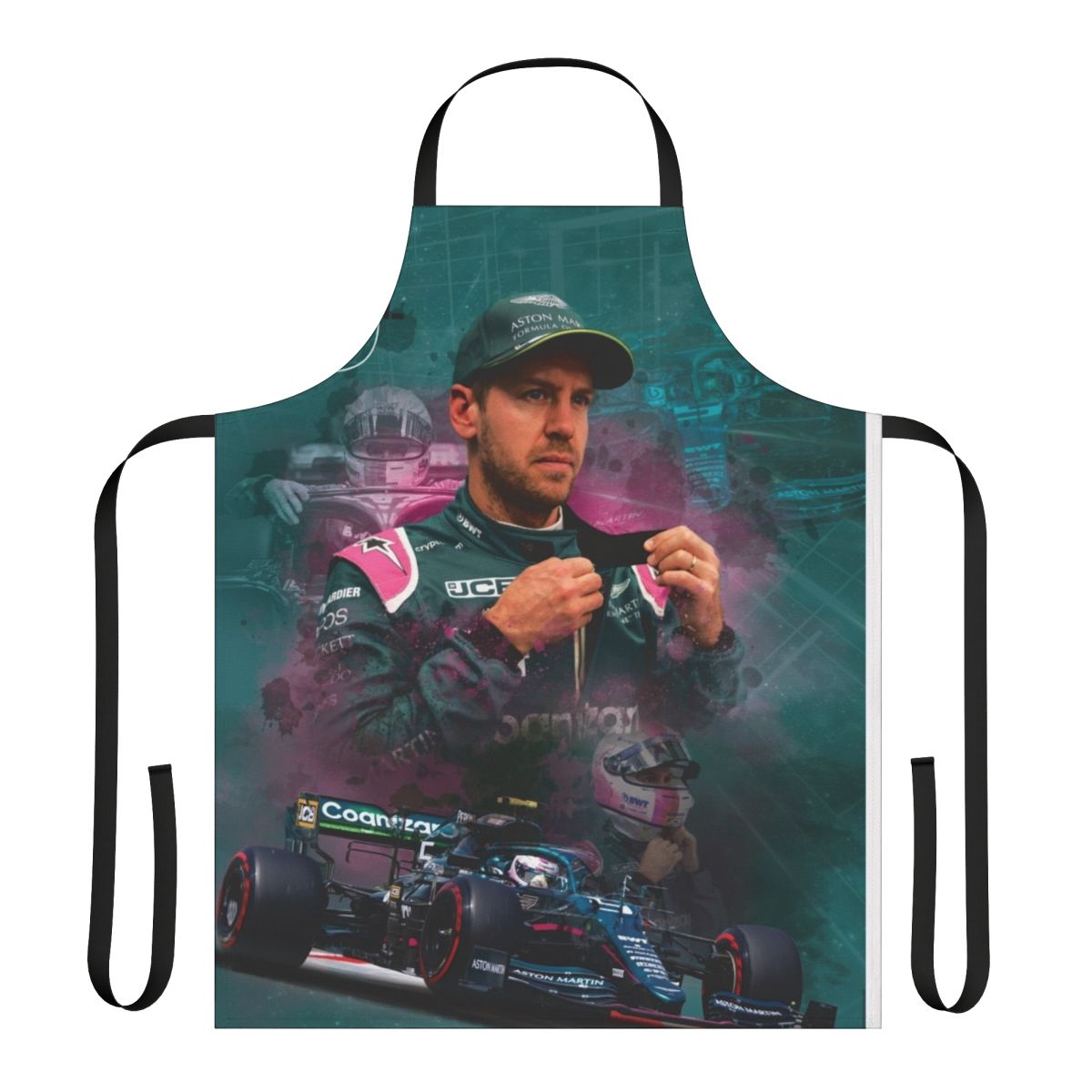 Stylish apron featuring the name and branding of Formula 1 driver Sebastian Vettel