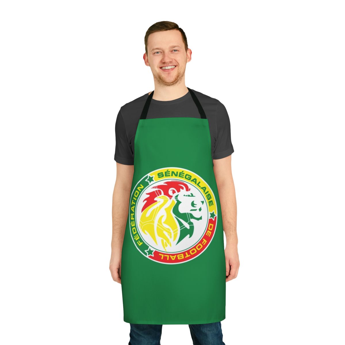 Senegalese football fans apron featuring the Senegalese national team colors and crest