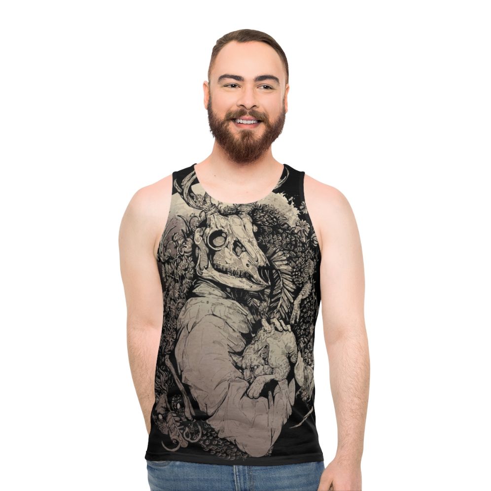 Sepia fantasy dragon and cat unisex tank top