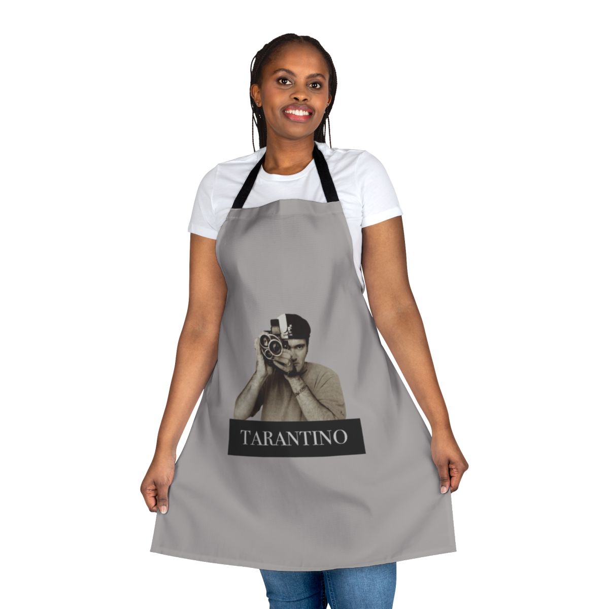 Sepia gray apron with Quentin Tarantino movie-themed design
