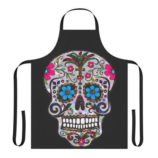 Sequin sugar skull apron with floral accents for Day of the Dead and Gothic Halloween celebrations