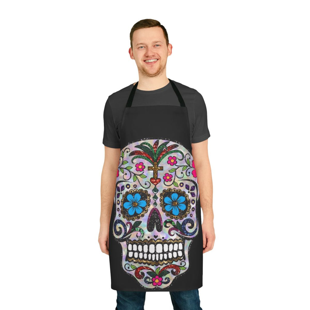 Sequin sugar skull apron with floral accents for Day of the Dead and Gothic Halloween celebrations