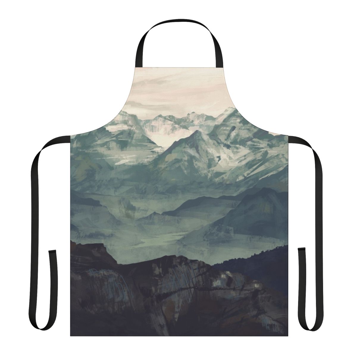 A mountain fog apron featuring a tranquil, natural landscape design