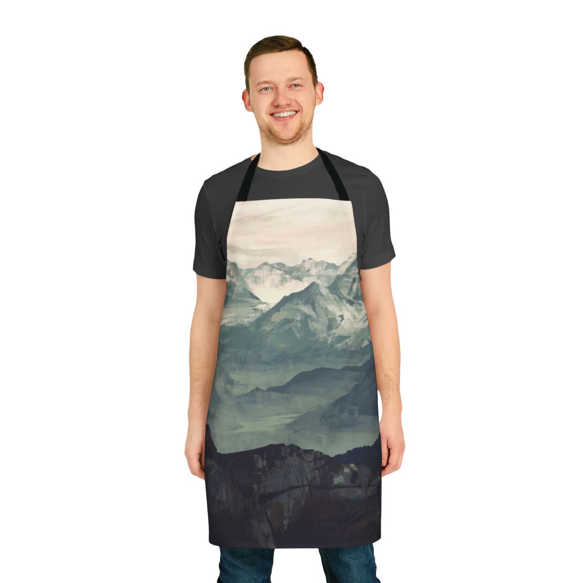 A mountain fog apron featuring a tranquil, natural landscape design