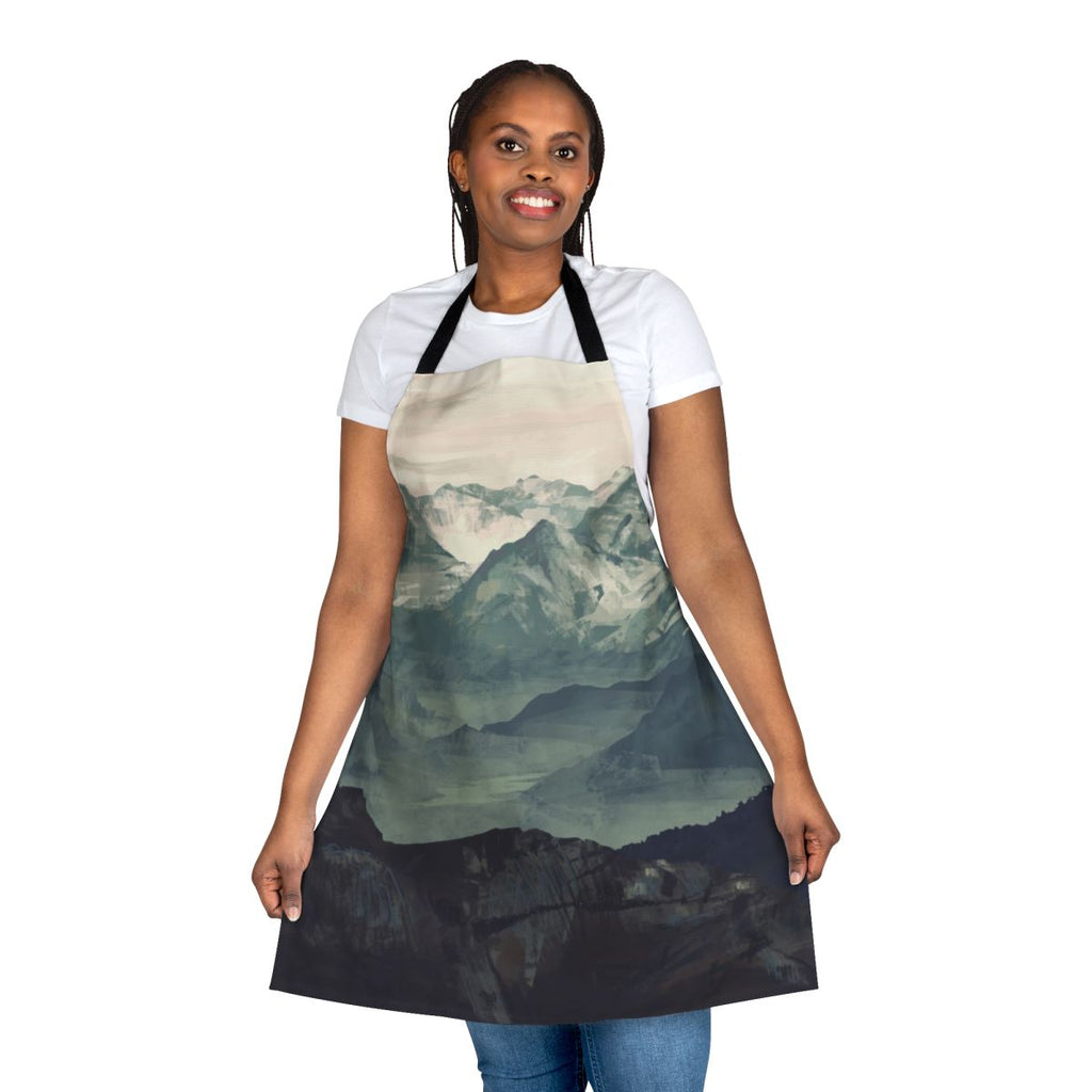 A mountain fog apron featuring a tranquil, natural landscape design