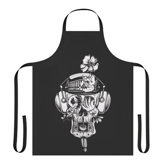 Apron featuring a surreal graphic design with an acoustic guitar and abstract shapes, representing the "Music of the Mind"
