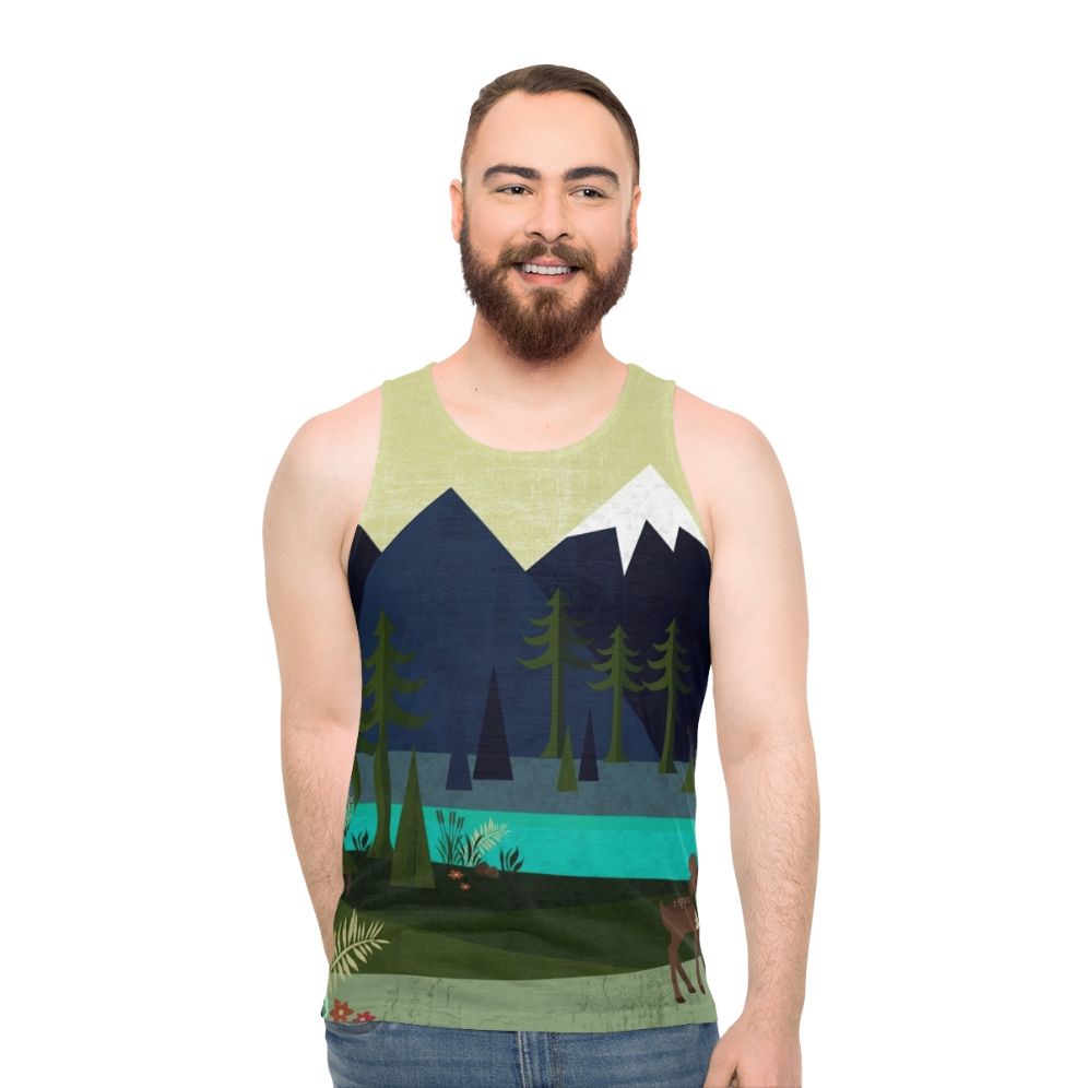 Unisex tank top with a nature-inspired forestscape design featuring deer and flowers