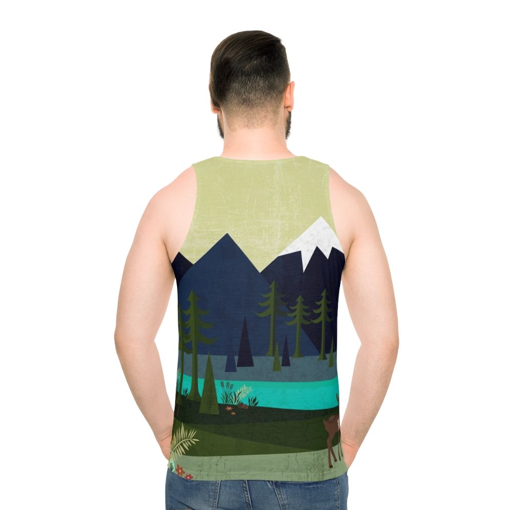 Unisex tank top with a nature-inspired forestscape design featuring deer and flowers