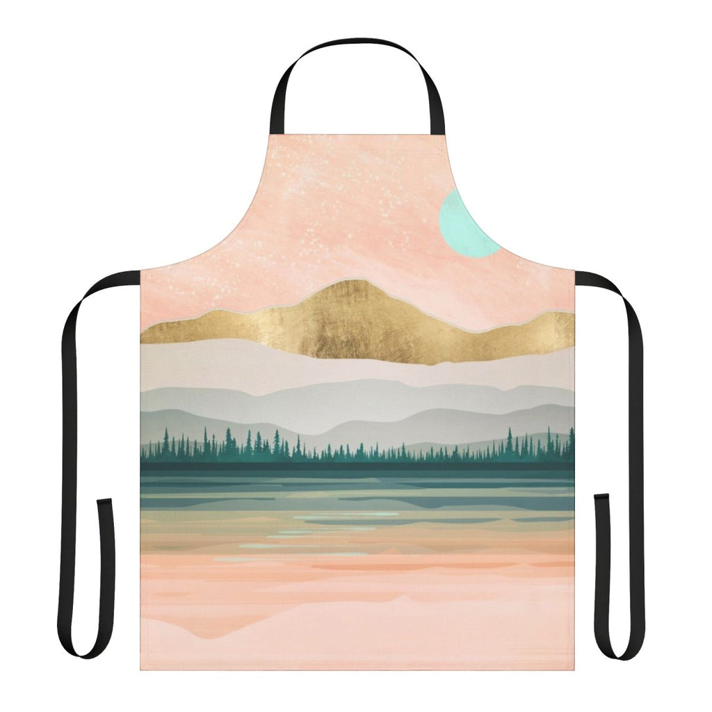 Vibrant watercolor painting of a spring forest lake scene with reflection, mountains, and colorful nature elements.