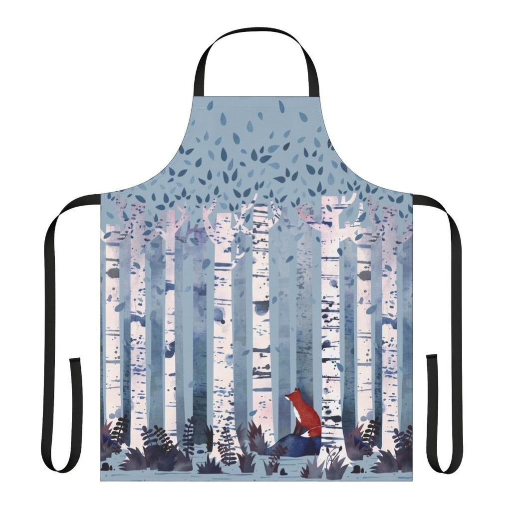 A watercolor painting of birch trees in a peaceful forest, featured on a high-quality apron.