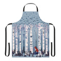 A watercolor painting of birch trees in a peaceful forest, featured on a high-quality apron.