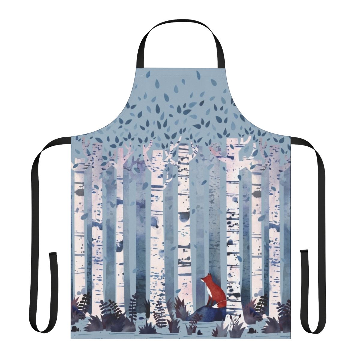 A watercolor painting of birch trees in a peaceful forest, featured on a high-quality apron.