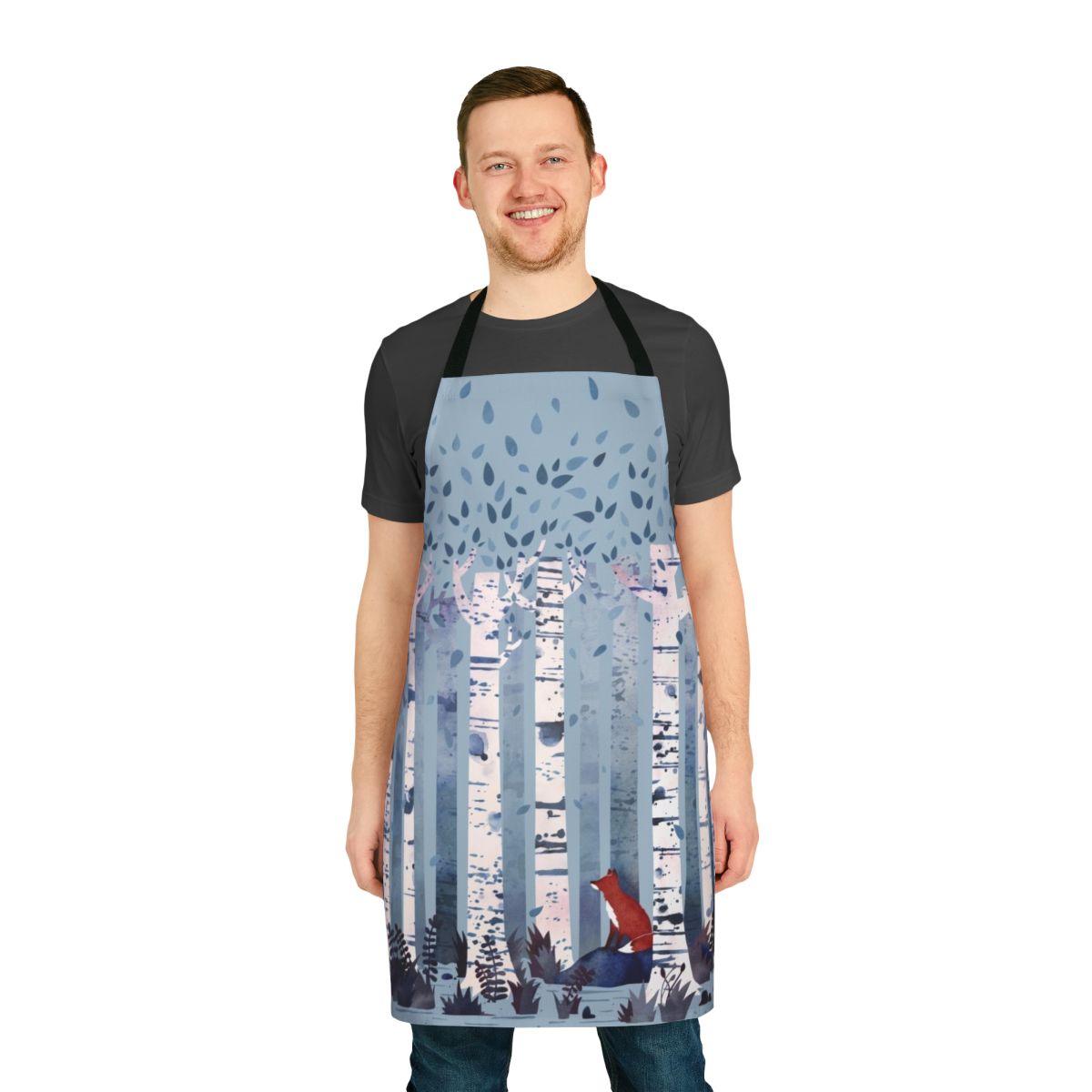 A watercolor painting of birch trees in a peaceful forest, featured on a high-quality apron.
