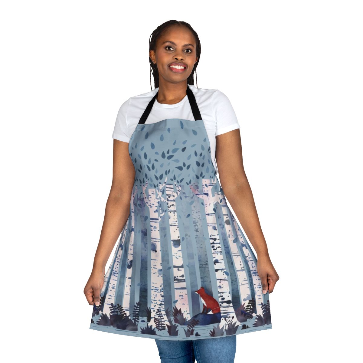 A watercolor painting of birch trees in a peaceful forest, featured on a high-quality apron.