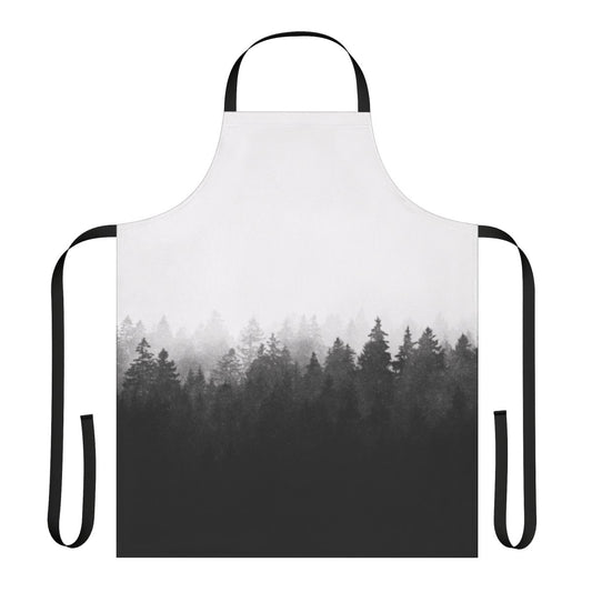 A serene and atmospheric apron featuring a landscape of trees and fog, perfect for nature lovers and outdoor enthusiasts.