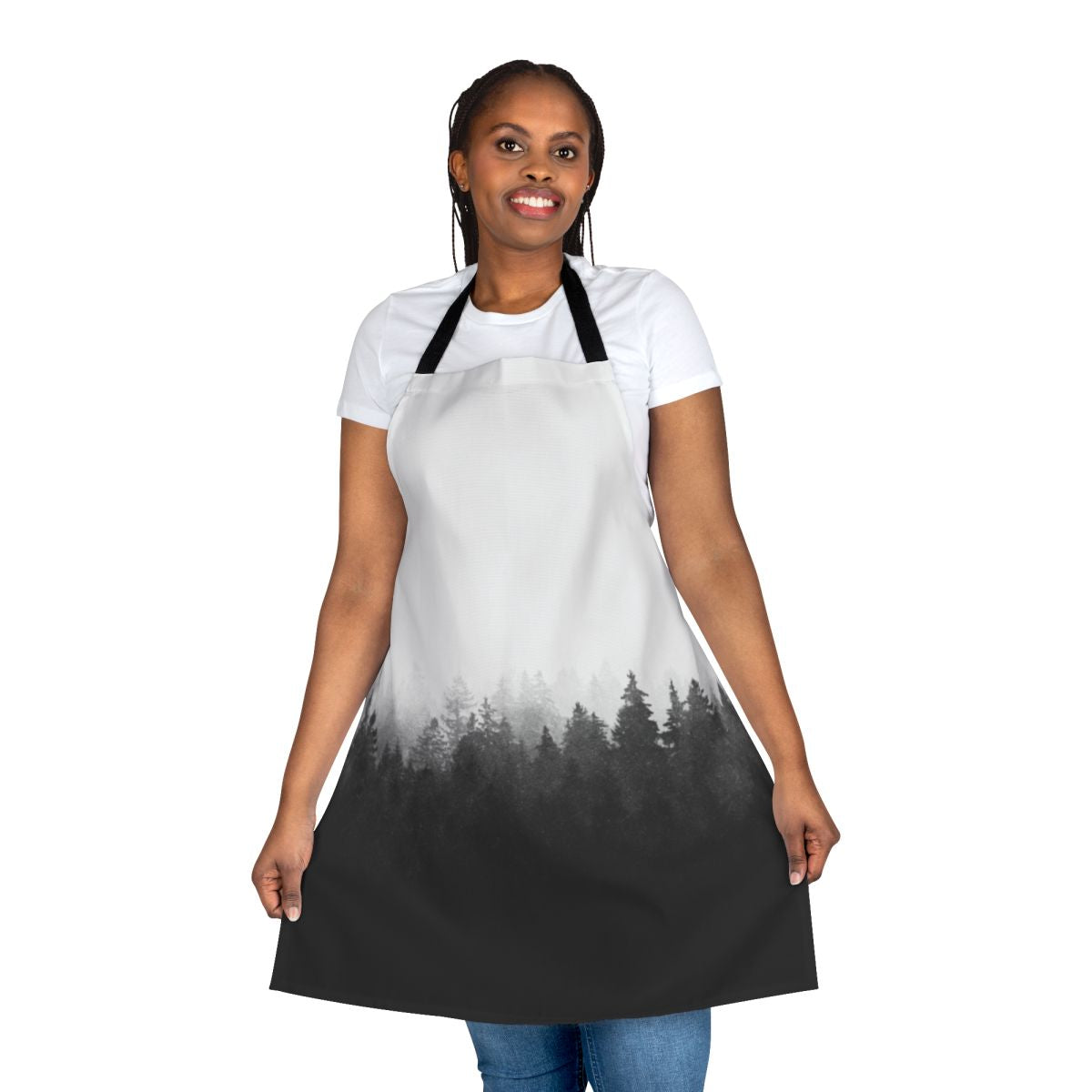 A serene and atmospheric apron featuring a landscape of trees and fog, perfect for nature lovers and outdoor enthusiasts.