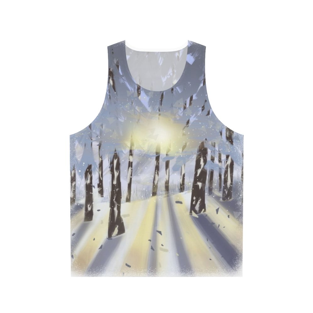 Unisex tank top featuring a serene winter landscape