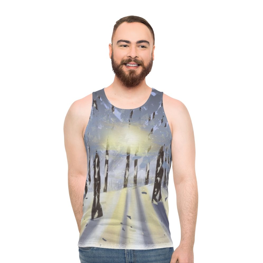 Unisex tank top featuring a serene winter landscape