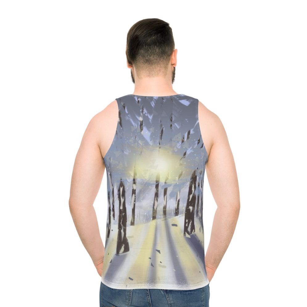 Unisex tank top featuring a serene winter landscape