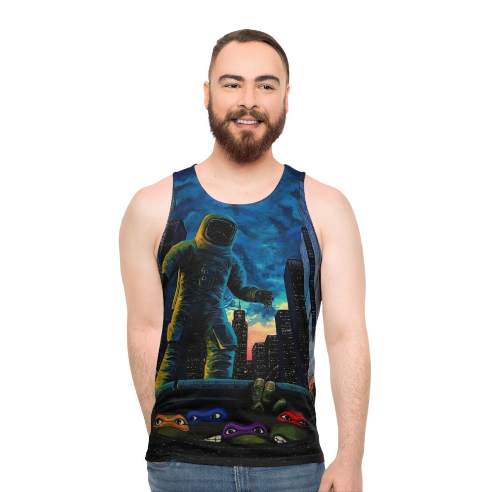 Sewer Surfers Unisex Tank Top featuring ninja turtles, space exploration, and urban landscape design