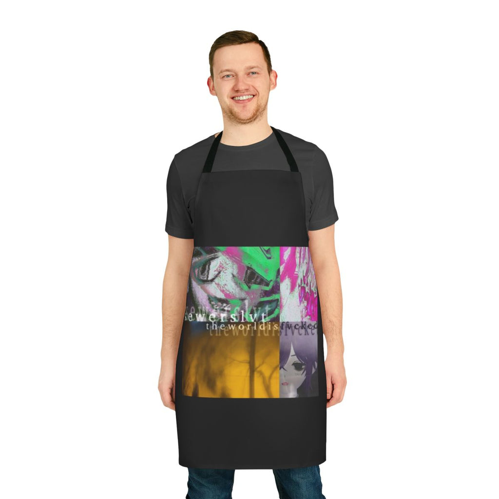 Sewerslvt The World Is Fvcked album cover design printed on a high-quality apron