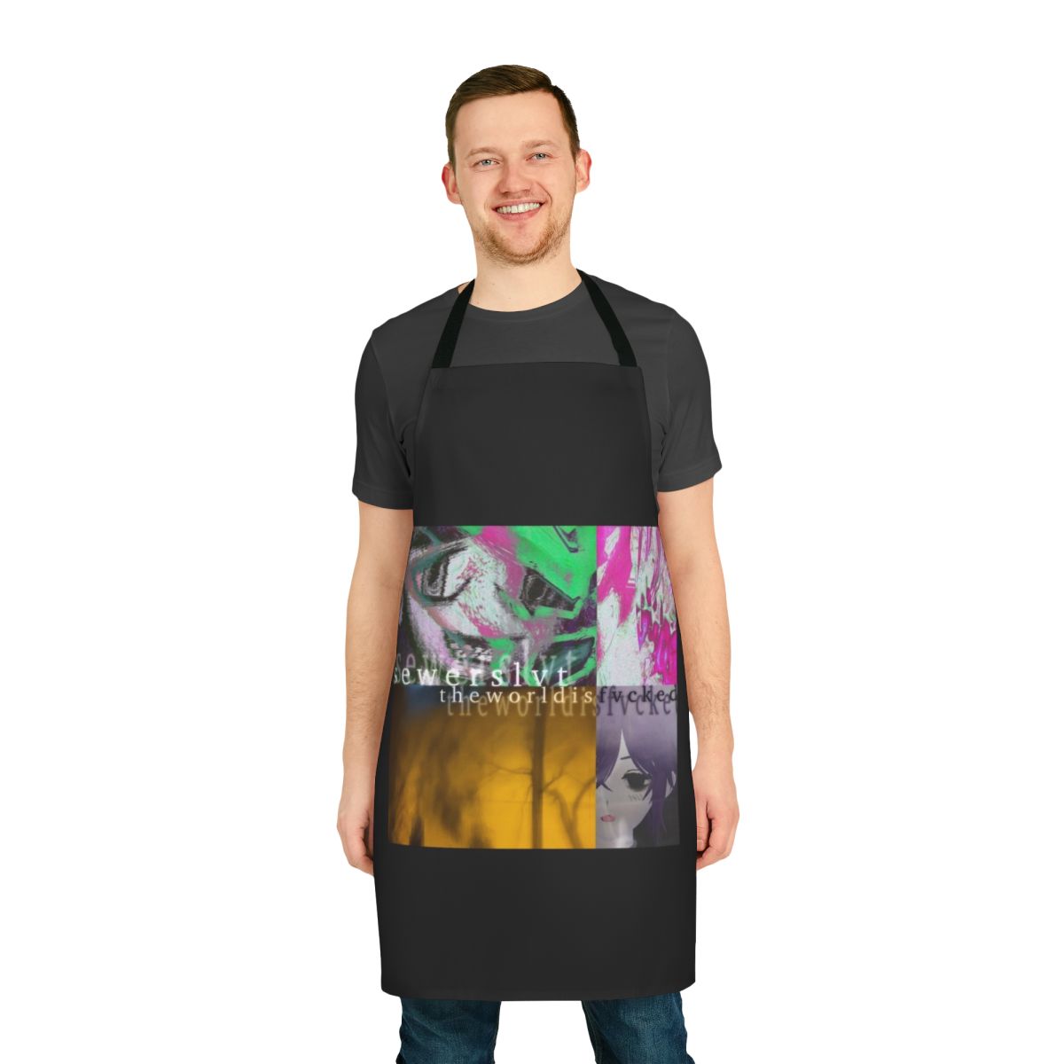 Sewerslvt The World Is Fvcked album cover design printed on a high-quality apron
