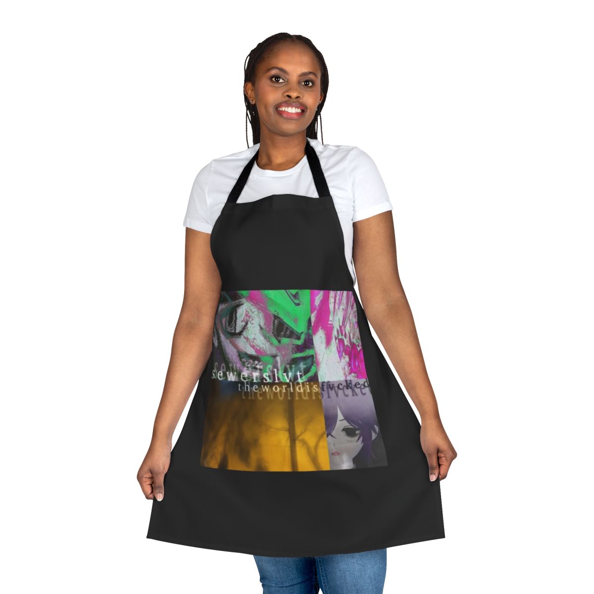 Sewerslvt The World Is Fvcked album cover design printed on a high-quality apron
