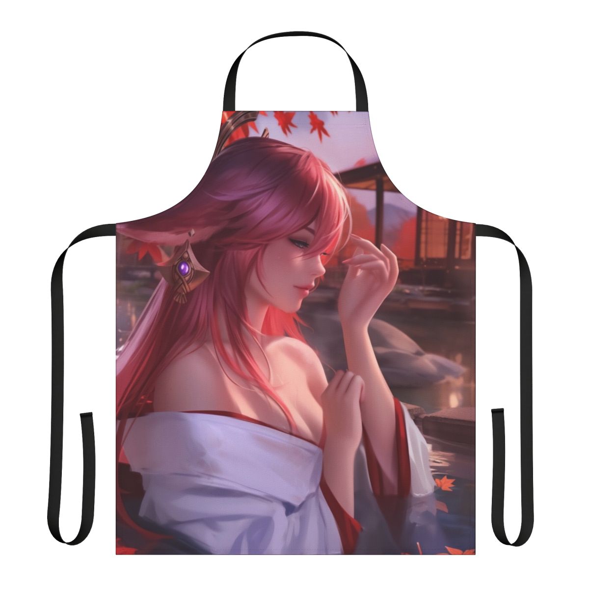 Illustration of a sexy anime girl wearing an apron in a hot spring setting
