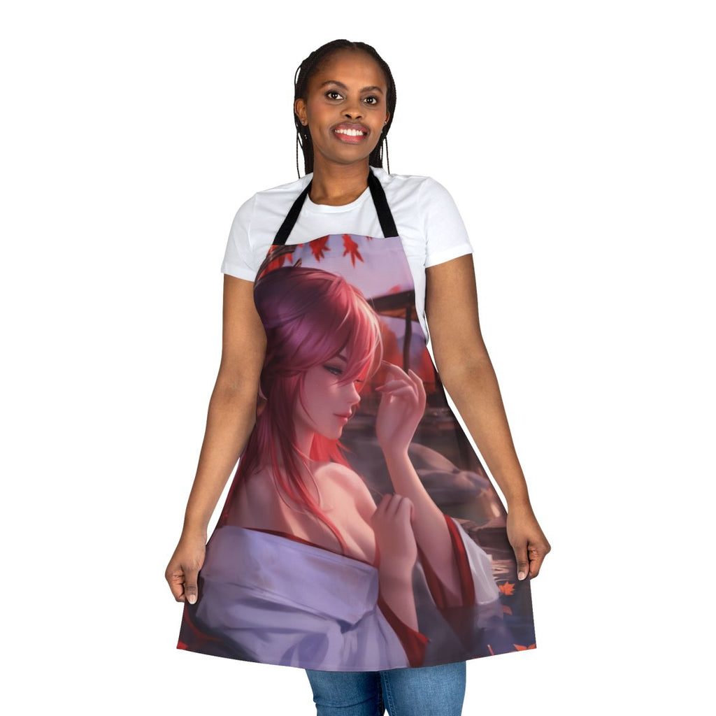 Illustration of a sexy anime girl wearing an apron in a hot spring setting
