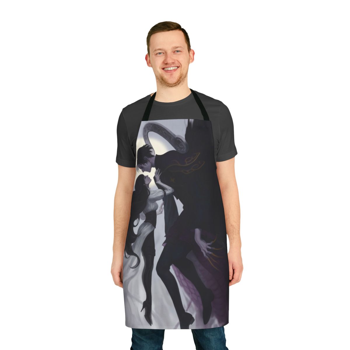"A stylish and high-quality apron featuring a 'Death and the Maiden' inspired design, perfect for fans of Final Fantasy XIV's Shadowbringers expansion."