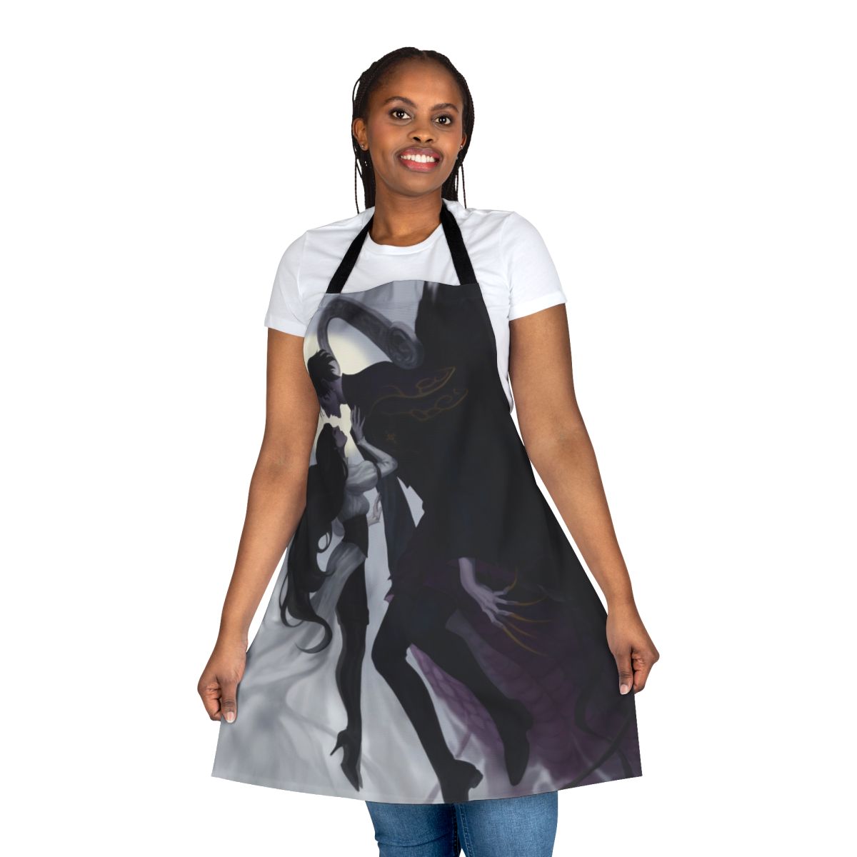 "A stylish and high-quality apron featuring a 'Death and the Maiden' inspired design, perfect for fans of Final Fantasy XIV's Shadowbringers expansion."