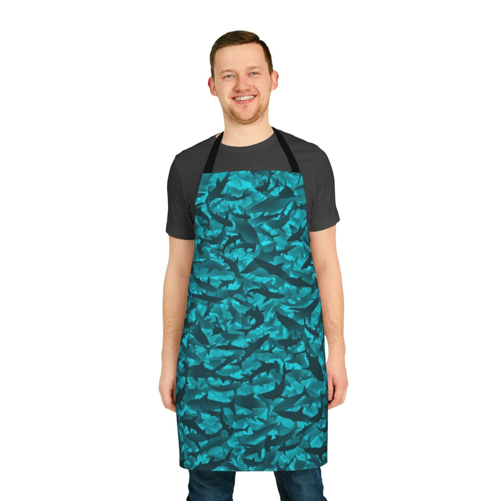 Apron featuring a realistic shark print design, perfect for the ocean or marine life enthusiast.